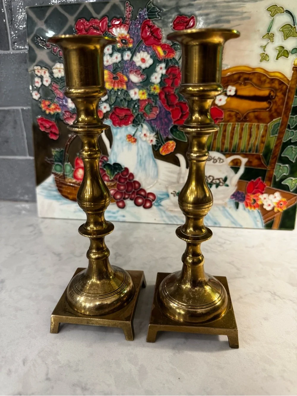 Vintage Brass Candlesticks Pair 8” Square Footed Bases Mid Century